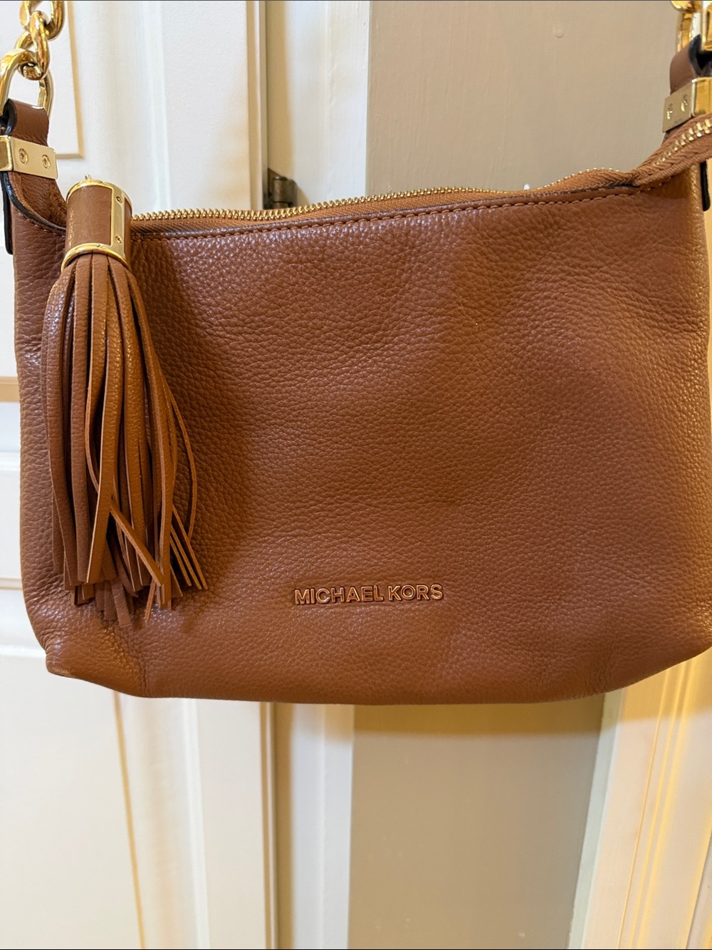Michael Kors Brown Leather Crossbody with Tassel and Gold Chain - Picture 2 of 7